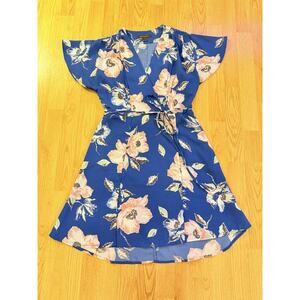 French Connection Women’s Blue Floral Dress Faux Wrap V-neck Sz 8 Flutter Sleeve